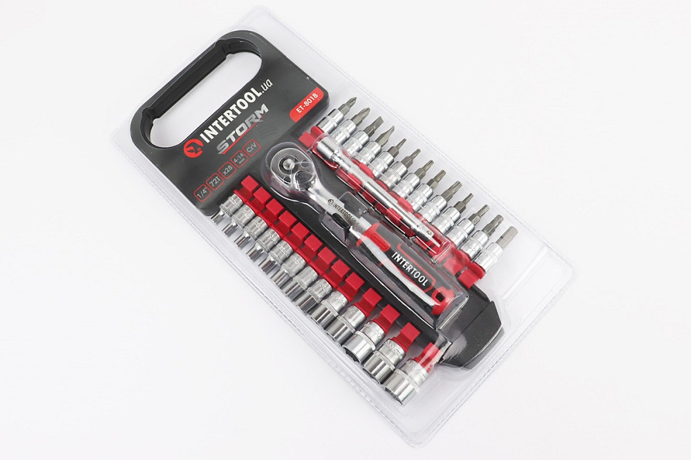 Набір головок торцевих з тріскачкою (вигн. ручка) 1/4" CrV 72 зуба + подов. 1/4" 100мм 26шт (4/4,5/5/5,5/6/7/8/9/10/11/12/13/14мм + насадки) Київ - фото 1