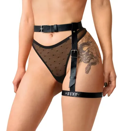 Гартер на ногу Art of Sex - Naomi з написом SEXY, натуральна шкіра, розмір XS-2XL, колір чорний Львів