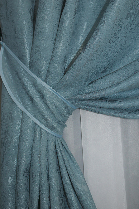 Комплект штор на люверсах VR-Textil Льон мармур Pavliani № 1369ш 150х250 см 2 шт Лазурний (37-0051) Київ - фото 5