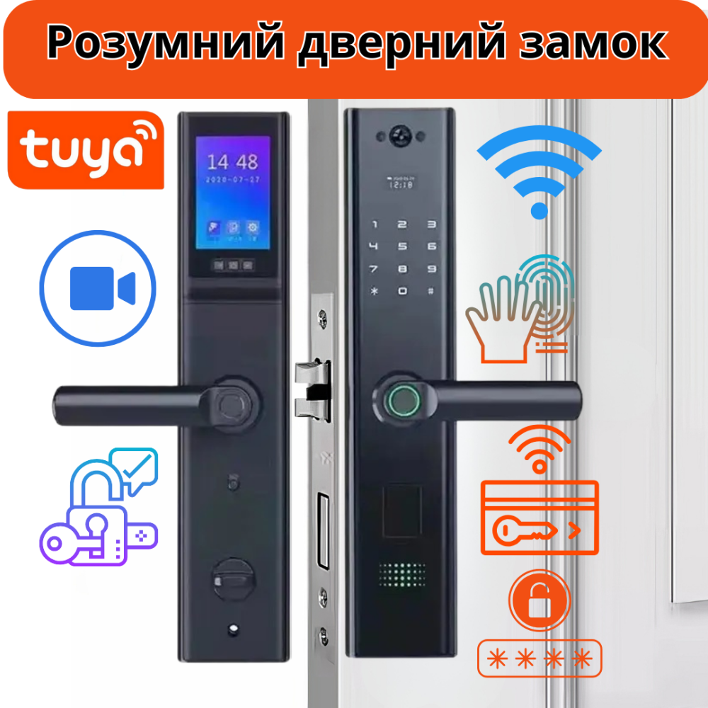 Умный дверной замок с камерой,кодовым замком Wi-Fi с отпечатком пальца и ключ-картой,алюминиевый сплав Каменец-Подольский - изображение 1