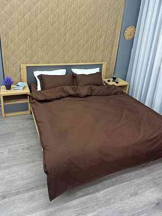 Комплект постільної білизни Страйп-сатин Євро 200х230 з простирадлом на резинці Шоколадний (88-186) Київ