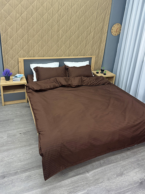 Комплект постельного белья Страйп-сатин Евро 200х230 с простыней на резинке Шоколадный (88-186) Киев - изображение 4