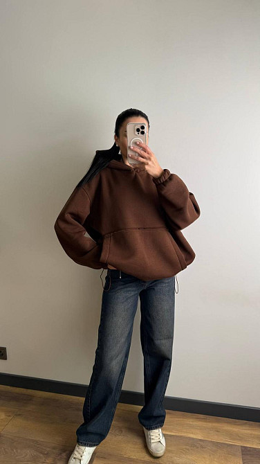 Жіноче тепле об'ємне базове худі оверсайз крою турецька тринитка на флісі Шоколад Одеса - фото 4