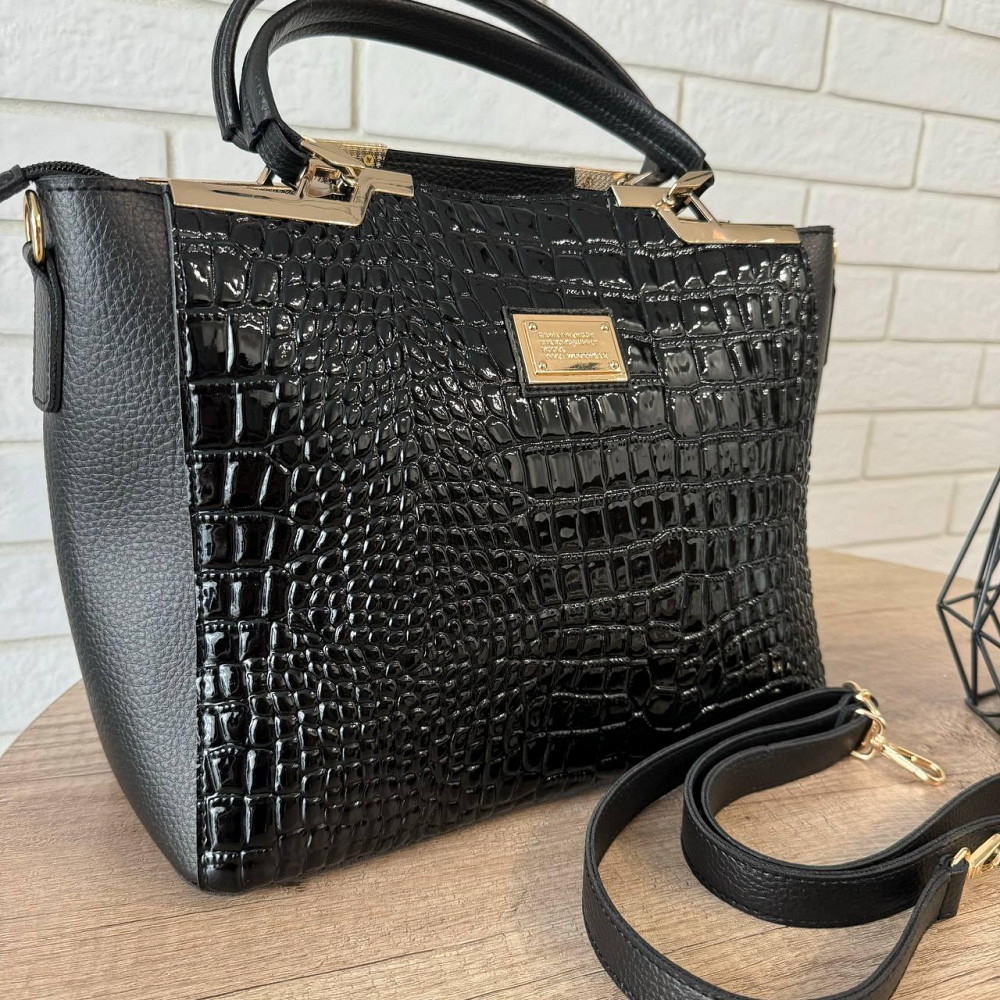 Велика жіноча сумка крокодил стиль рептилії, сумочка під рептилію лакова чорна ( 29444 ) Харків - фото 8