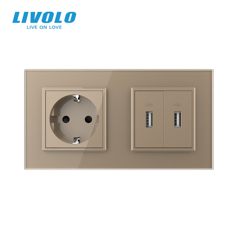 LIVOLO Розетка з заземленням з 2 USB розетками Livolo золотой скло (VL-C7C1EU2USB-13) Коломия - фото 3