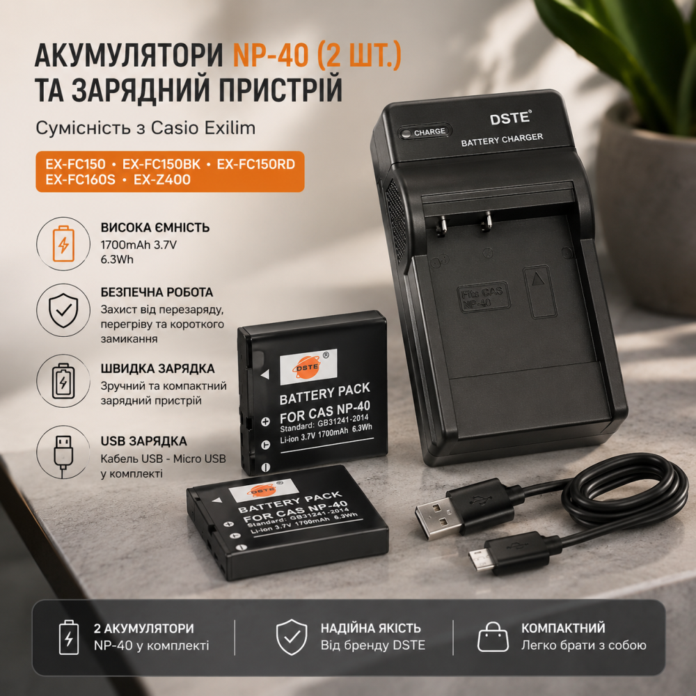 Комплект акумуляторів DSTE NP-40 (2 шт.) та зарядний пристрій для Casio Exilim EX-FC150, EX-Z400, 1700 mAh Київ - фото 2