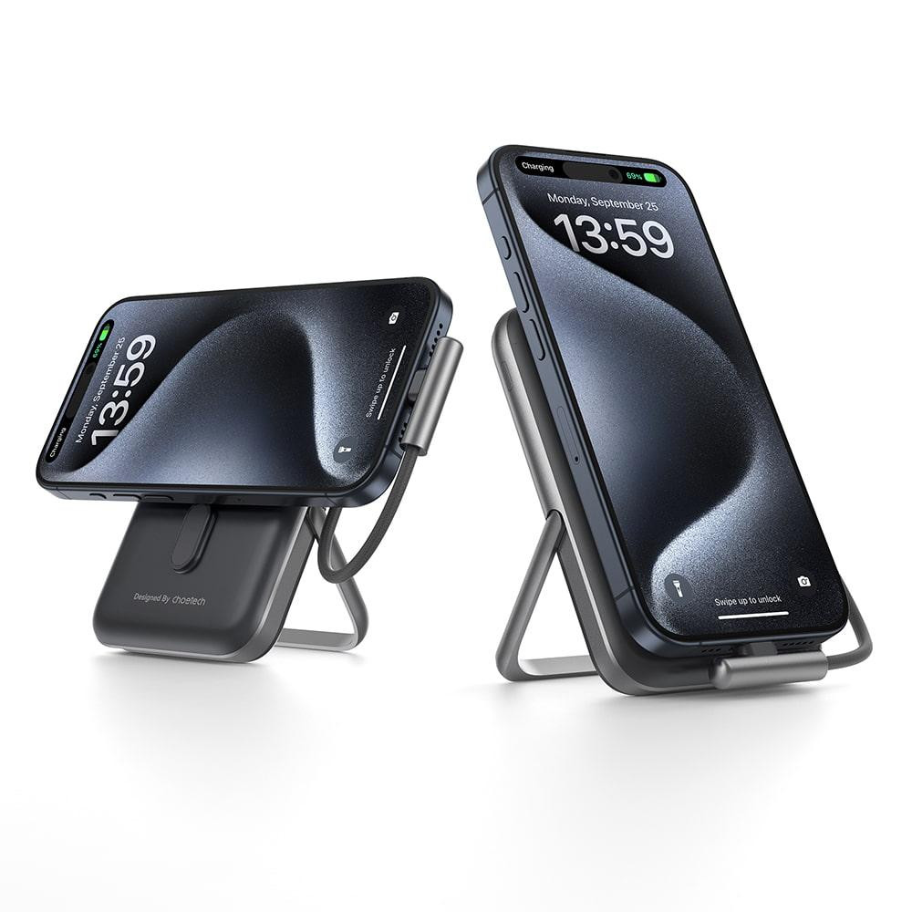 Повербанк 10000mAh Choetech B735 Black QC3.0 PD3.0 бездротова магнітна зарядка, вбудований кабель, підставка (43-00149) Київ - фото 4