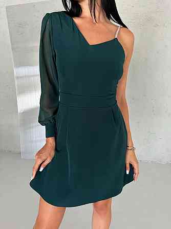 Жіноча святкова міні сукня на одне плече костюмка із шифоновим рукавом Смарагдовий, 46 Одеса