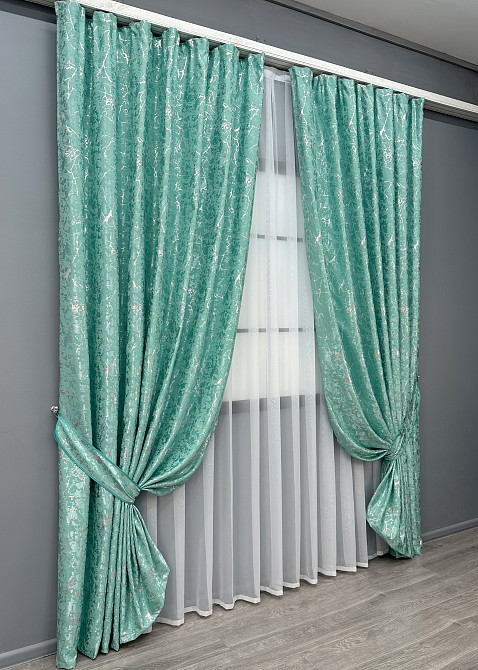 Комплект готовых штор VR-Textil Лен мрамор Royal Touch № 2010ш Бирюзовый 150х270 см 2 шт (33-1303) Киев - изображение 3