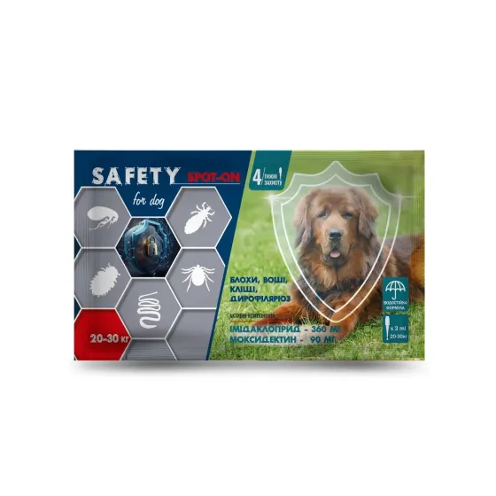 Противоразитарные капли SAFETY SPOT-ON для собак весом от 20 до 30 кг (3 мл) №1 пипетка Винница