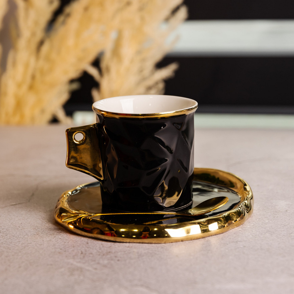 Чашка фарфоровая для кофе 200 (мл) с блюдцем и ложкой,красивая чашка в подарок Черный с золотом FM-1A SBR Киев - изображение 3