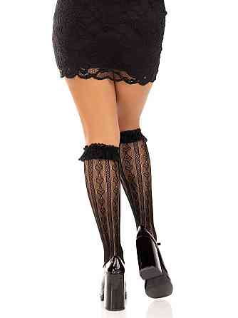 Гольфи ажурні Leg Avenue Sweetheart Ruffle Cuff Knee Highs, чорні, з рюшами, малюнок-сердечка Sex Aura Київ