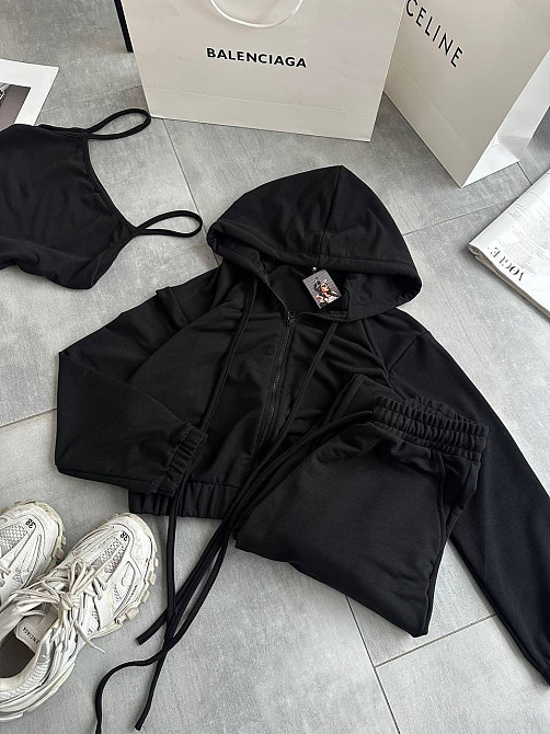 Женский повседневный костюм тройка: кофта топ и штаны двунить 46/48, Черный Одесса - изображение 4