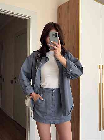 Жіночий базовий легкий костюм-двійка: сорочка та спідниця-шорти щільний жатий котон Графітовий, 42/44 Одеса