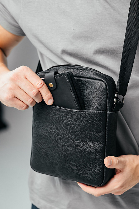 Чоловіча каркасна барсетка, чорна сумка через плече з натуральної шкіри, класичний месендджерMasterSem Київ - фото 4