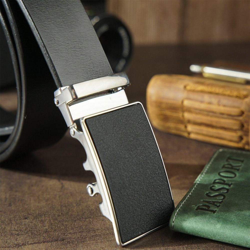 Ремень мужской c серебристой пряжкой с черной вставкой Vintage 20328 Черный Киев - изображение 6