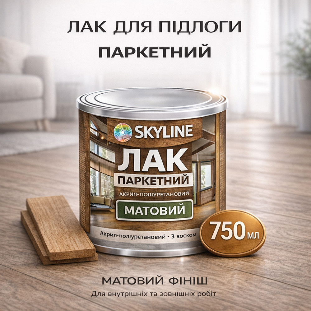 Лак для підлоги матовий Skyline паркетний, акрил-поліуретановий, водний, зносостійкий, без запаху, 750 мл Харків - фото 1