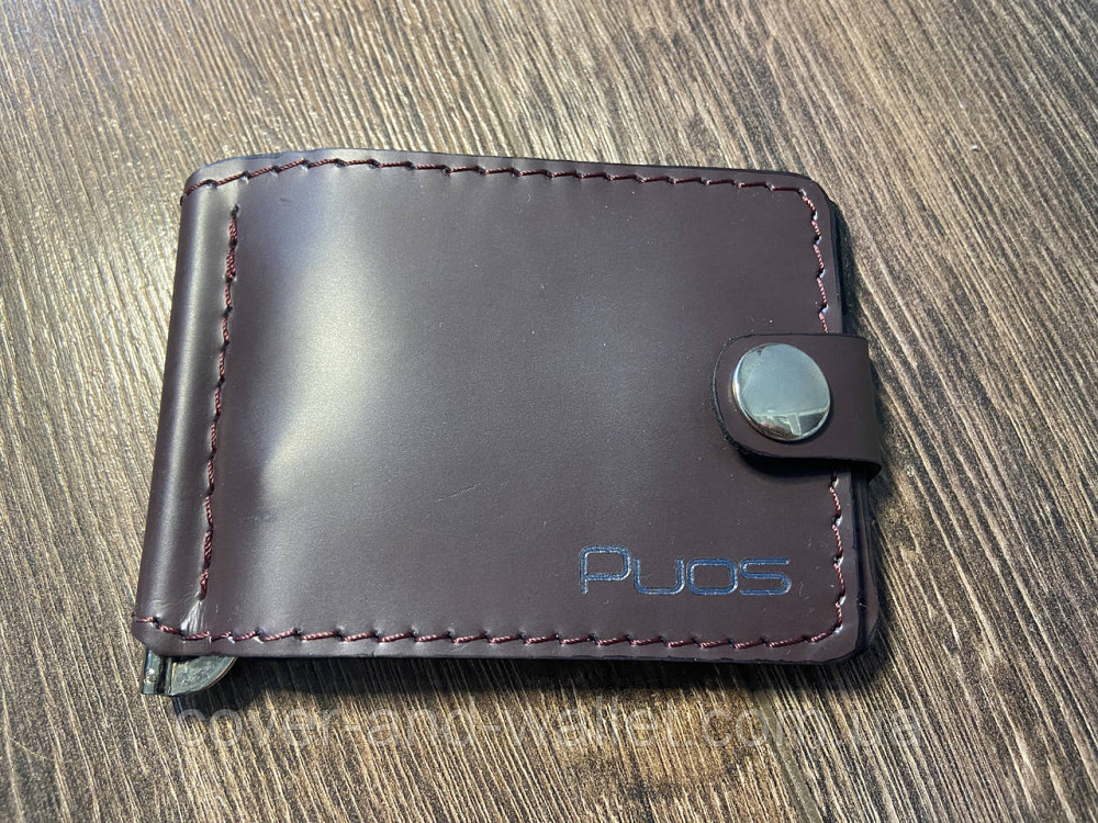 Тонкий шкіряний затискач для грошей на кнопці з кишенями для карток PUOS Київ - фото 2
