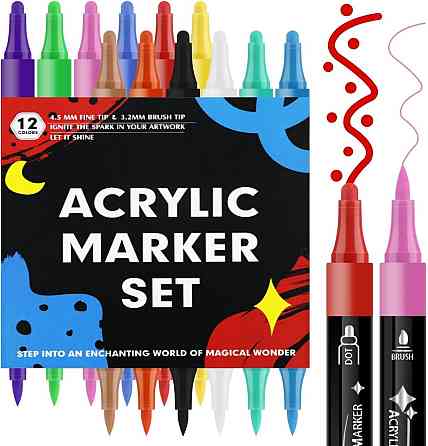 Двосторонні акрилові маркери, 12 кольорів, для малювання на склі, дереві, тканині, якісні маркери Кам'янець-Подільський