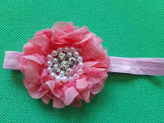 Детская повязка с жемчугом коралловая - размер цветка 8см, размер универсальный (на резинке) Киев