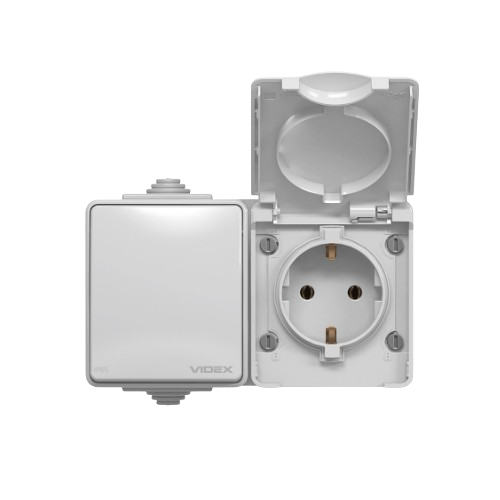 BINERA сірий Розетка зовнішня 1-а із заземленням + вимикач 1кл. IP65 Videx Житомир