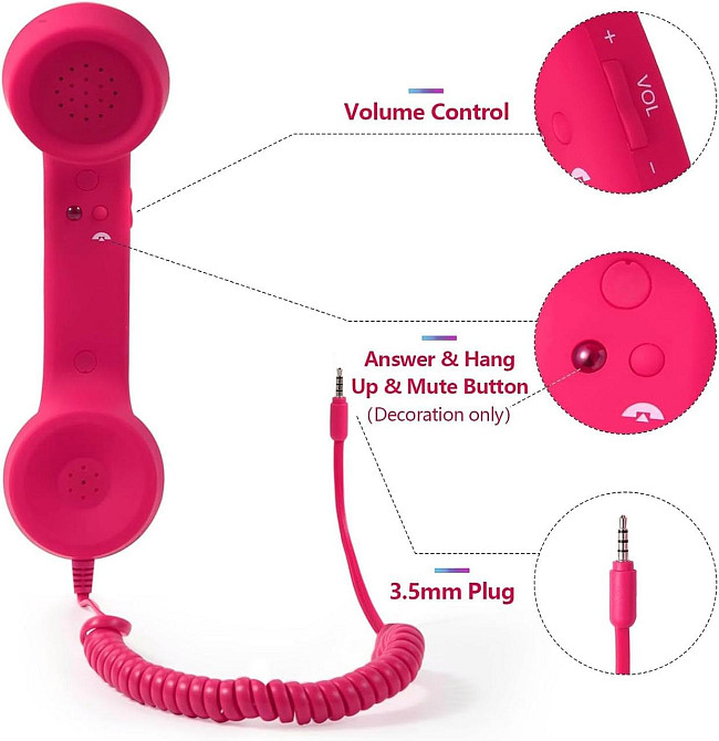Гарнитура-трубка RESTEQ — розовая ретро-трубка для смартфона, телефонная гарнитура с разъемом 3.5 мм Киев - изображение 3
