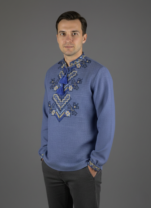 Чоловіча вишиванка у джинсовому кольорі на довгий рукав Київ - фото 2