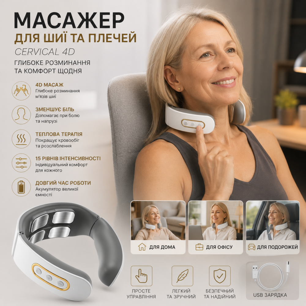 Массажер для шеи Cervical 4D — Беспроводной ударный роликовый массажер с подогревом, Белый Киев - изображение 1