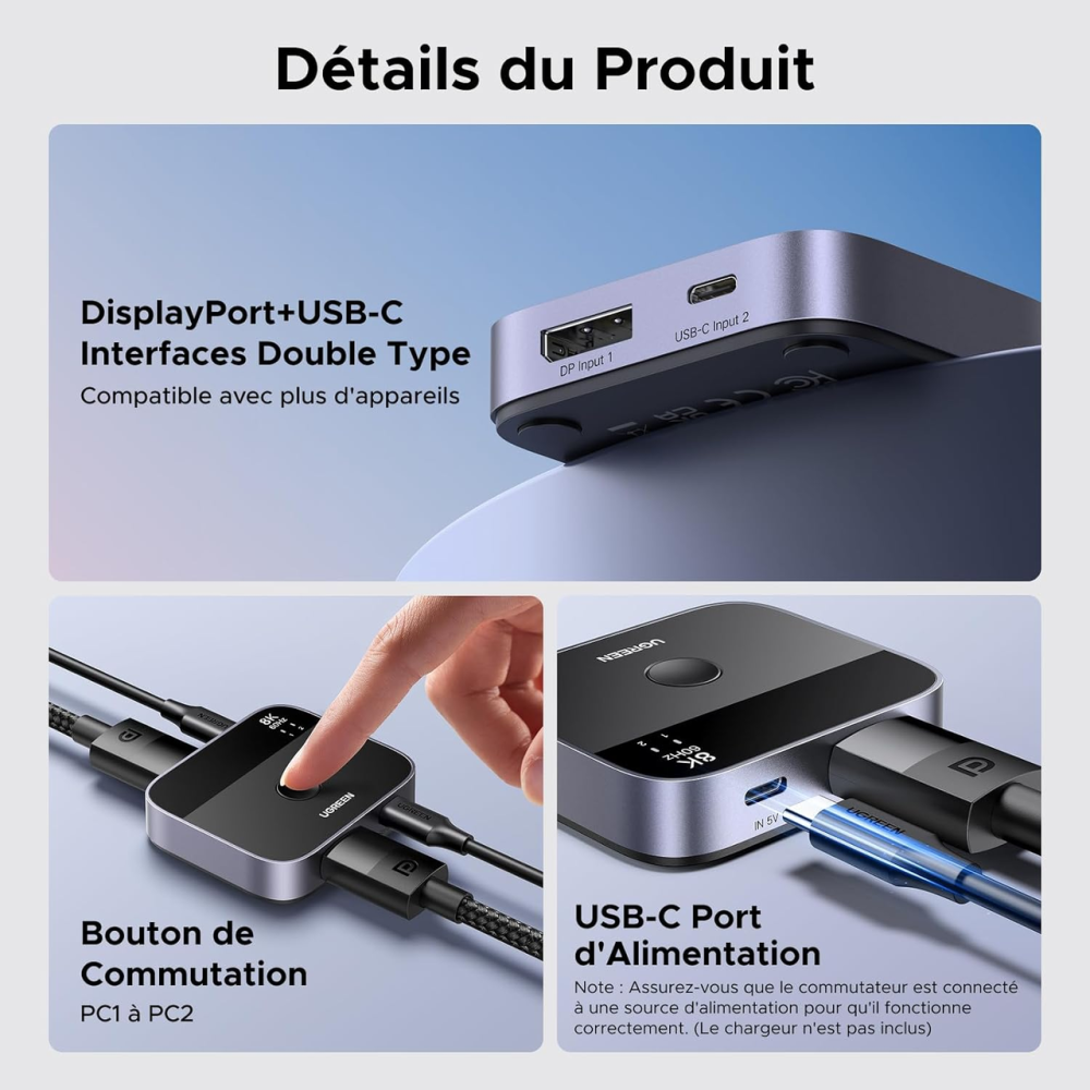 Перемикач UGREEN DisplayPort / USB-C 8K@60Hz KVM Світч 2 входи 1 вихід DP 1.4 для ПК, PS5, Xbox, MacBook Київ - фото 4