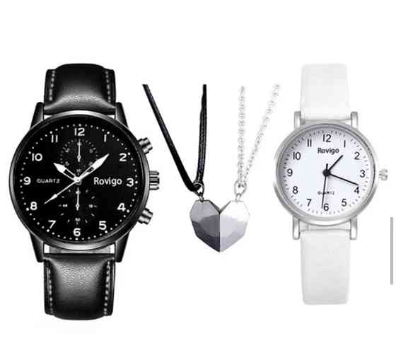 Подарочный набор для мужчин и женщин 2 парные часы с 2 ожерельем серце черно-белый Киев