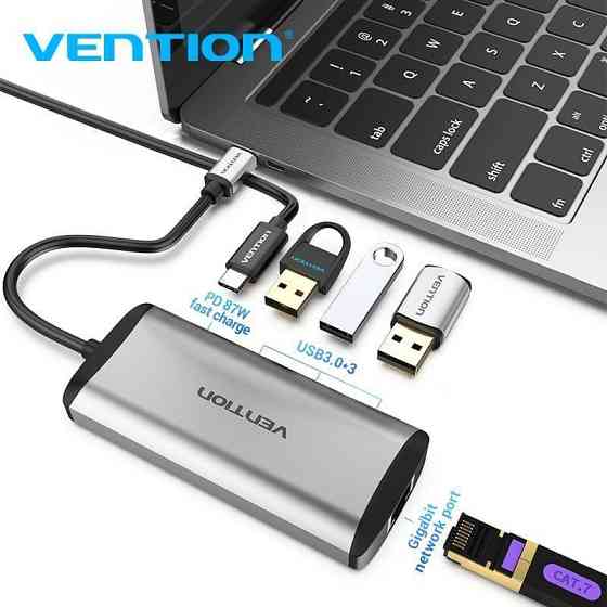 Концентратор Vention USB-C 3-Port, RJ-45, PD, 0.15 м (TGDHB) сріблястий з чорним Харків