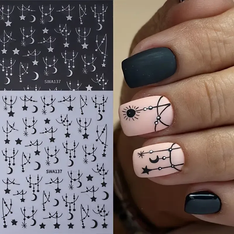 3D наклейки для ногтей в бохо стиле — луна, звезды, цепочки, черные + серебряные (2 листа) Киев - изображение 3