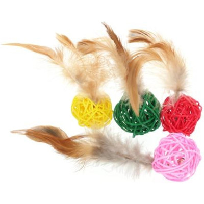 Игрушка для кошек Hippie Pet Мячики из ротанга с перьями разноцветные 4 см 4 шт (HIPCT14200) Винница - изображение 1