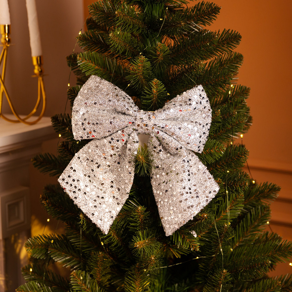 Срібний новорічний бант для ялинки з пайетками 25×35 см Київ - фото 2