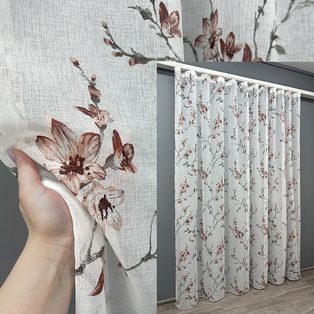 Тюль VR-Textil 1539т Flora Батист Белый с терракотово-серым 400х270 см (42-1178) Киев - изображение 1