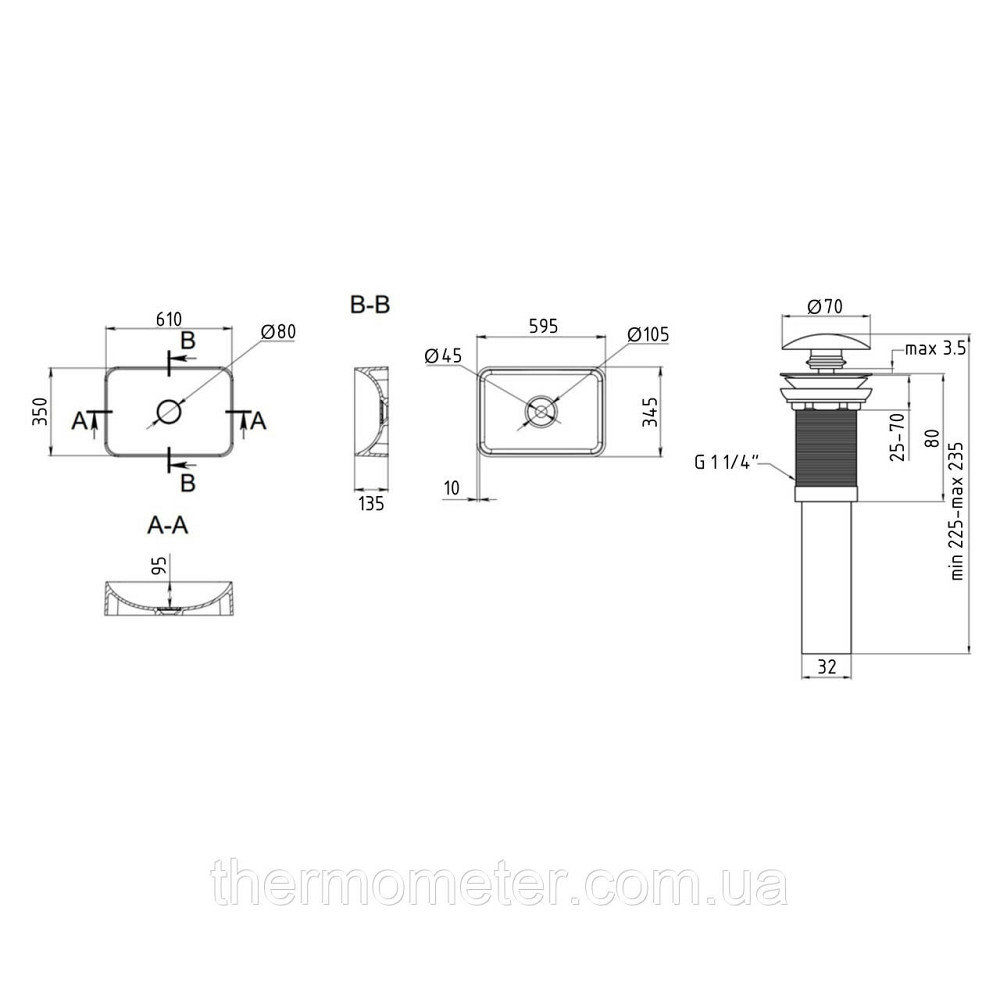 Комплект Qtap Tern: Раковина накладная прямоугольная 610x350x135 мм WHITE + Донный клапан PU02 Киев - изображение 12