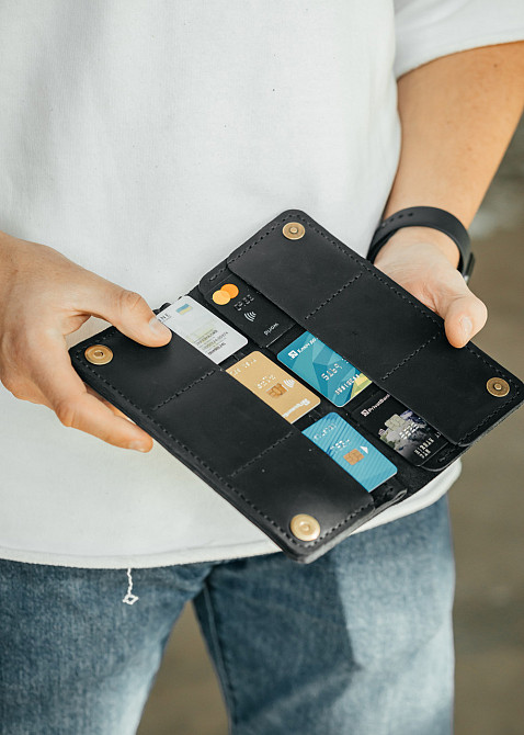 Чоловічий лонгер із натуральної шкіри, місткий чоловічий клатч, Чорний гаманець зі шкіри Crazy HorseMasterSem Київ - фото 1