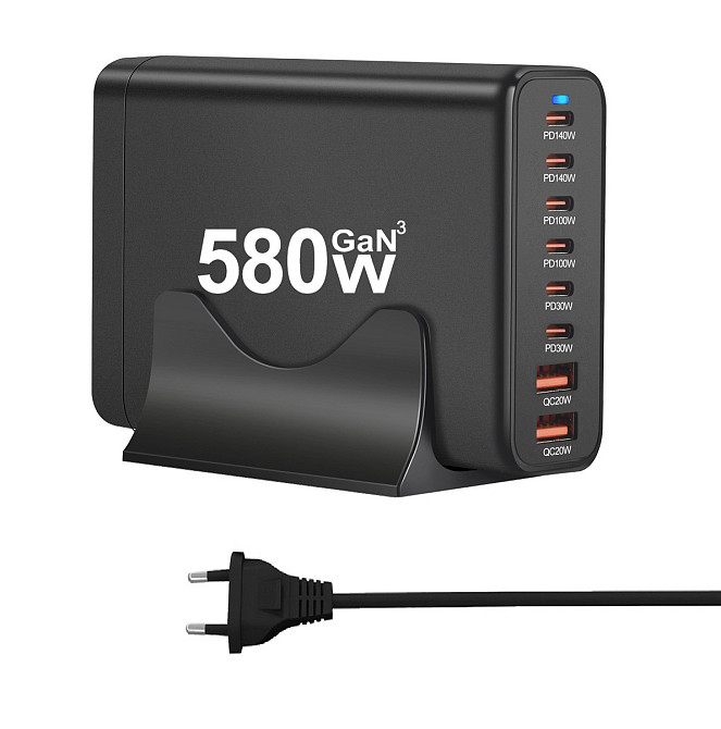 Сетевое зарядное устройство GaN3 YMX-580W (2 Type-C140W + 2Type-C100W + 2Type-C30W + 2USBQC3.0 20W) Черный Винница - изображение 3