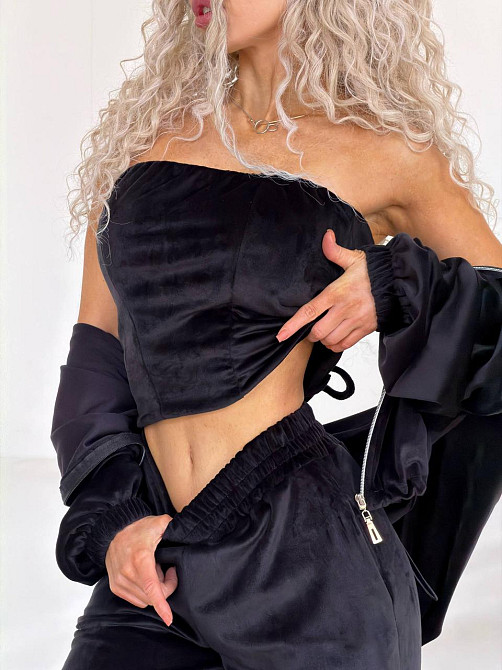 Женский велюровый костюм тройка: кофта корсет и штаны Черный, 42/46 Одесса - изображение 9