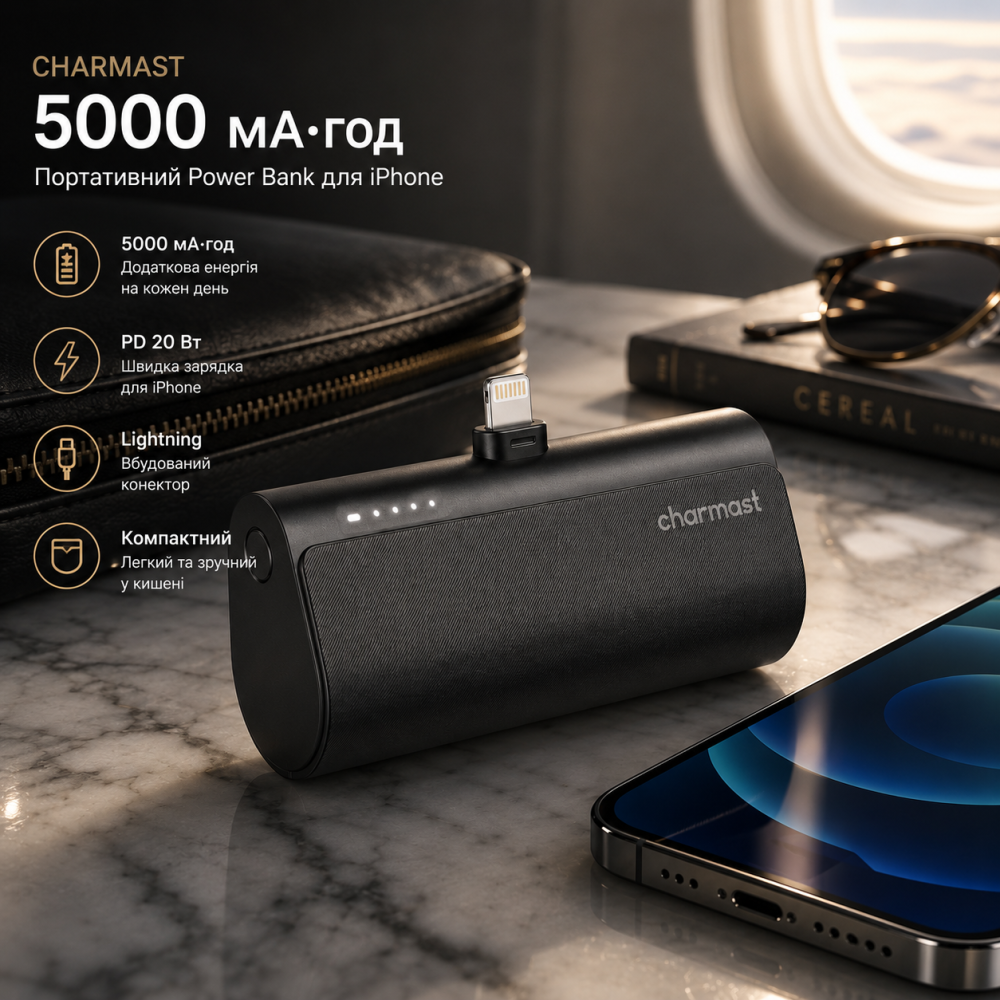 Портативный Power Bank Charmast 5000 мА·ч для iPhone, Lightning, быстрая зарядка PD 20 Вт, черный Киев - изображение 11