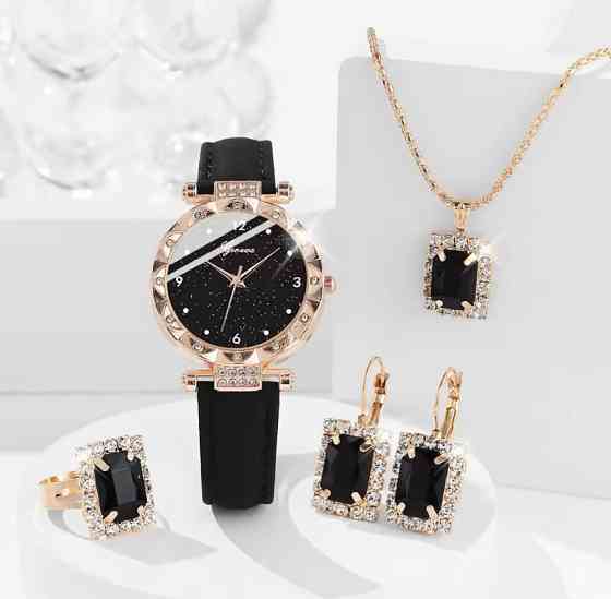 Подарочный набор для женщин наручные часы браслет кольцо ожерелье и серьги без подарочной коробки черный Киев