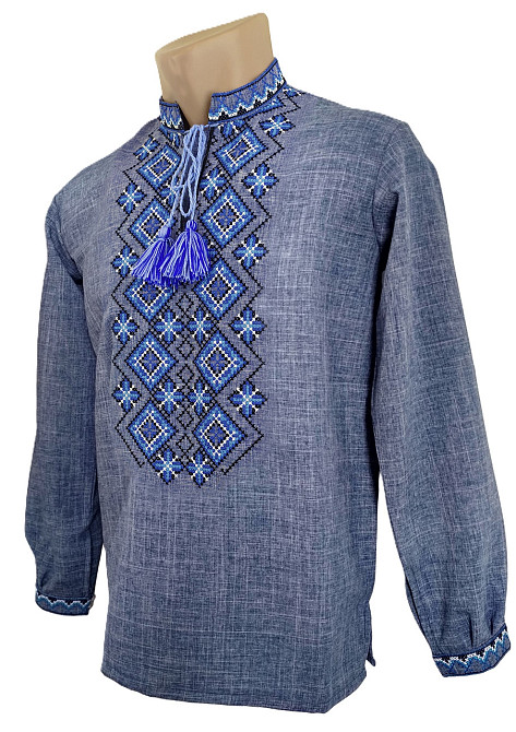Мужская вышиванка синяя с воротничком стойкой 58 Киев - изображение 1