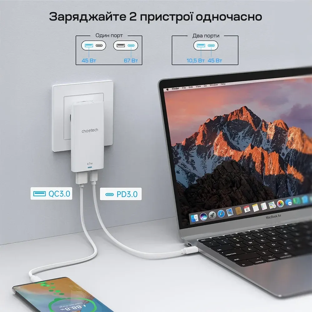 Мережевий зарядний пристрій Choetech PD6011 Ultra thin PD67W GAN A+C White (43-00155) Киев - изображение 5