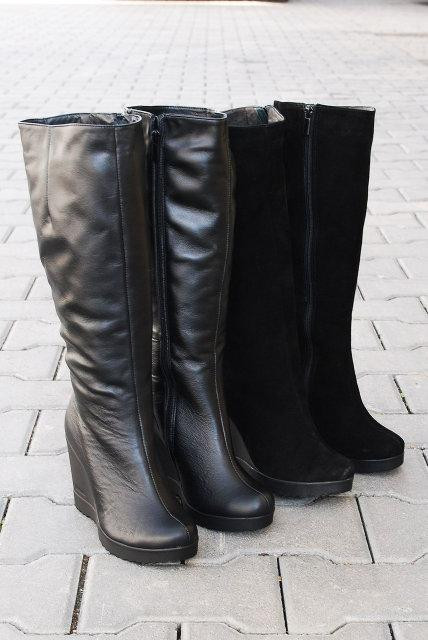 Чоботи жіночі ARLETT чорні натуральна шкіра висота 35 см обхват 36-41 см танкетка 9 см (1690) Коломыя - изображение 2