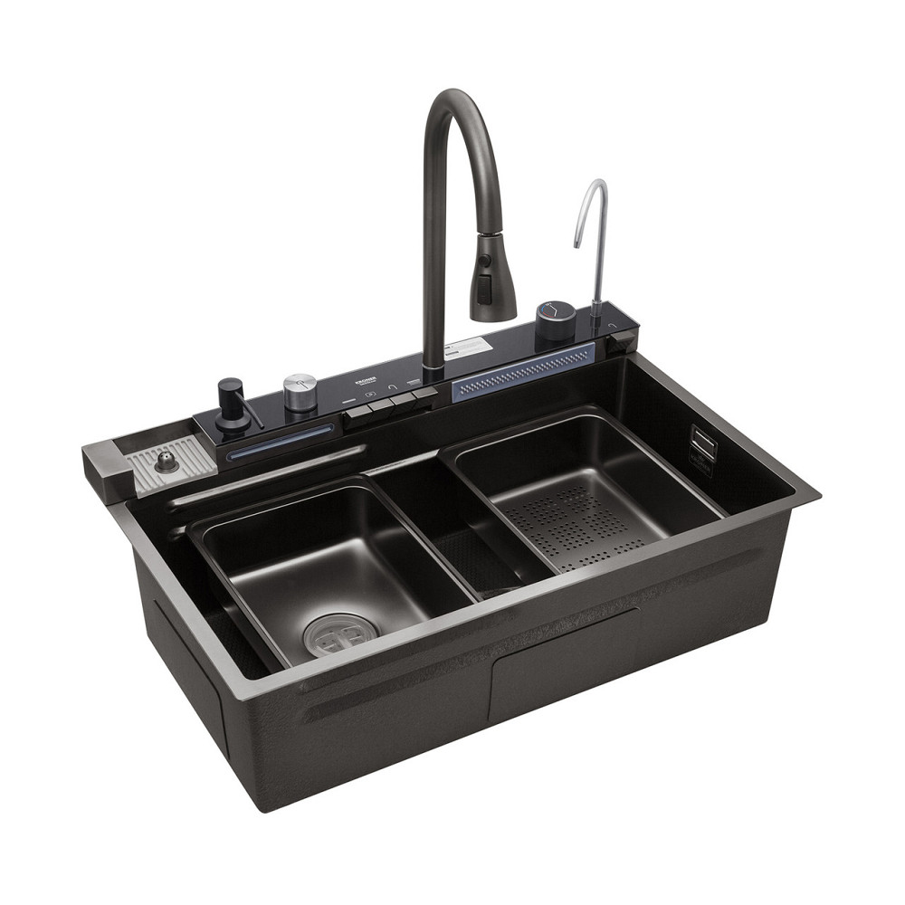 Кухонная мойка Kroner KRP Schwarze - SET7546ARTHM PVD (3.0/0.8 мм) в комплекте со смесителем, черная Киев - изображение 4