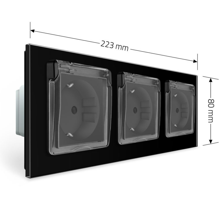 Потрійна електрична розетка вологозахисна з кришкою IP44 з заземленням, LIVOLO, чорна, скляна рамка, шторки, 250В 16А (VL-C7C3EUWF-12) Коломыя - изображение 9