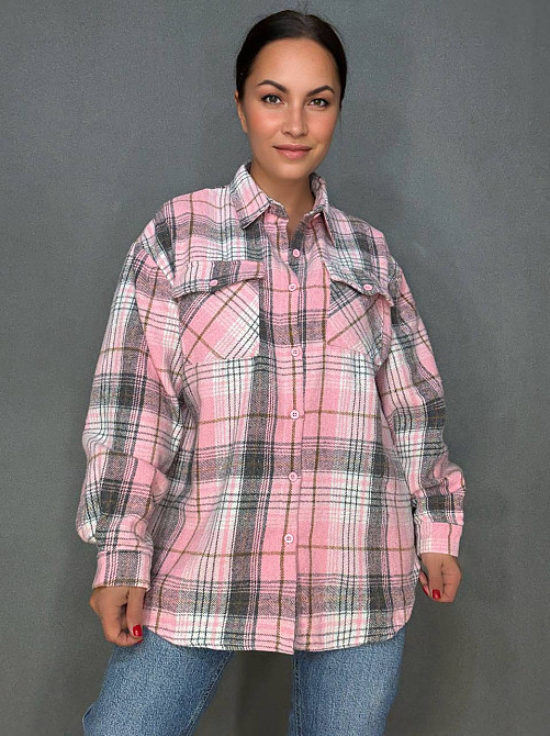 Рубашка женская YZY 223 клетчатая оверсайз теплая байка, розовый, one size Киев - изображение 1