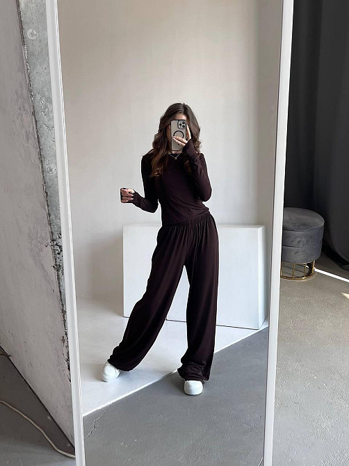 Жіночий базовий прогулянковий костюм-двійка: лонгслів і штани турецька віскоза Шоколад, 42/46 Одеса - фото 3