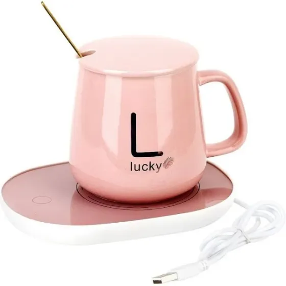 Чашка керамічна на підставці з підігрівом у подарунковій упаковці, в комплекті ложка та кабель, Рожева Одеса