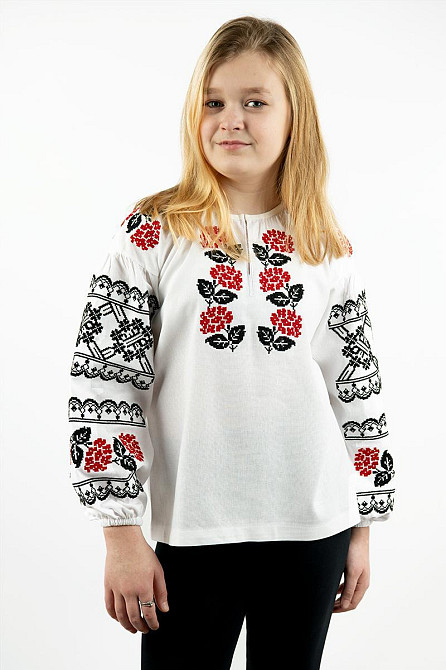 Вишиванка для дівчаток-підлітків лляна з довгим рукавом, білий топ Київ - фото 1
